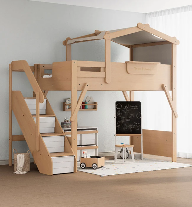 Premium multifunctional cabin bed design with treehouse roof and storage stairs by wooden bunk bed manufacturer. Premium multifunctional cabin bed design with treehouse roof and storage stairs by wooden bunk bed manufacturer.