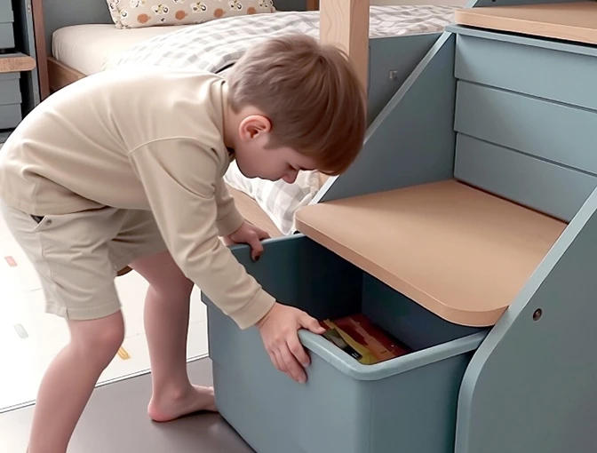 Child using integrated storage drawers in the stairs of a wooden loft bed. Child using integrated storage drawers in the stairs of a wooden loft bed.
